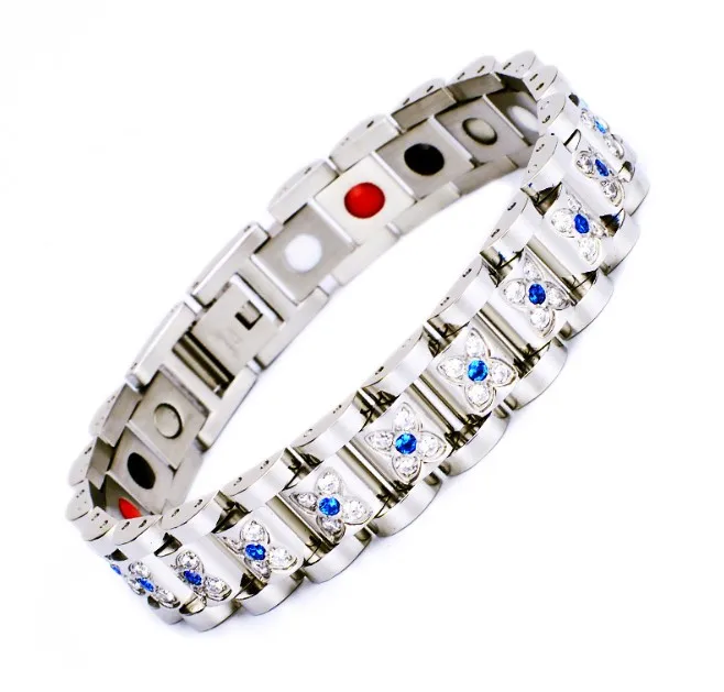 Rhinestone Jewelry Stainless Steel Health Magnet Ion Positive Energy Germanium Bracelet On Sale