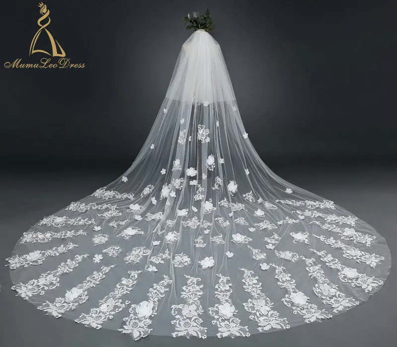 
3M Tulle Two Layer Full Lace Appliqued Beautiful Cathedral Bridal Veil 2019 