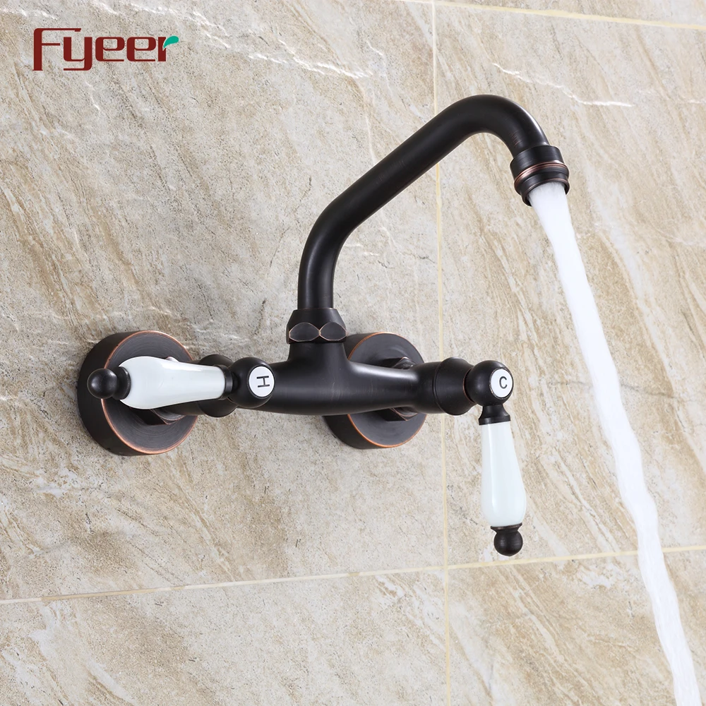 Fyeer Wall Mounted Black Kitchen Faucet with Double Ceramic Handle