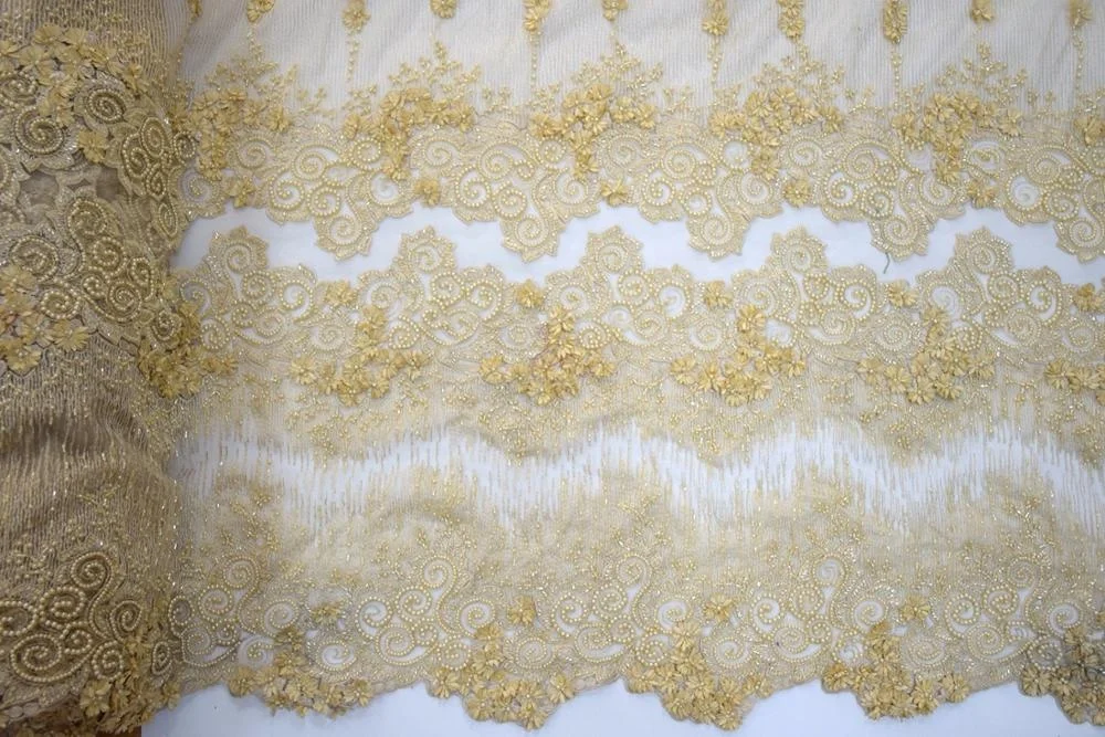 New gold 3d flower lace embroidered fabric pretty african tulle bead pearl lace fabric for party HY0922-1