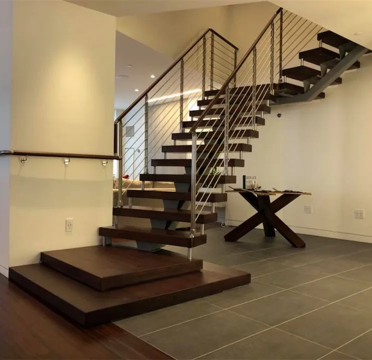 Modern solid wood tread glass balustrade straight stair