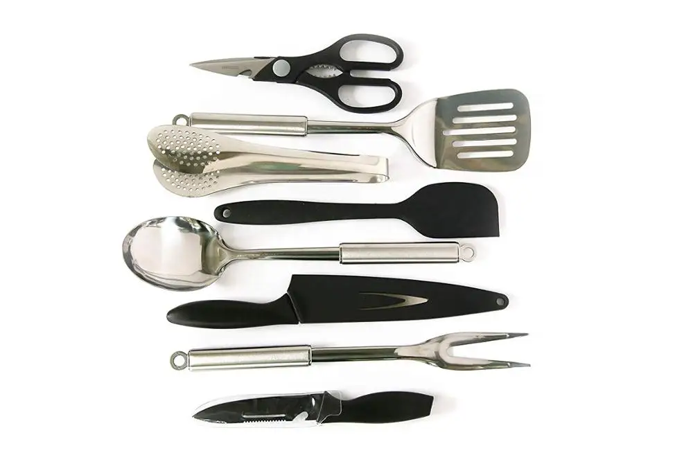 
Black outdoor camping kitchen utensil set cutlery 8 piece set portable cookware barbecue tool set 