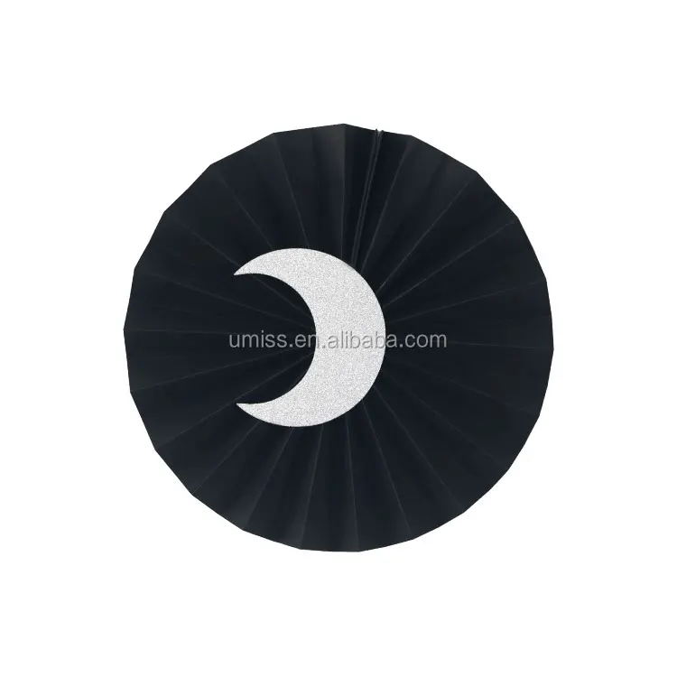 UMISS New Design EID MUBARAK Ramadan Decorations, Silver Black White Paper Fans, Banner