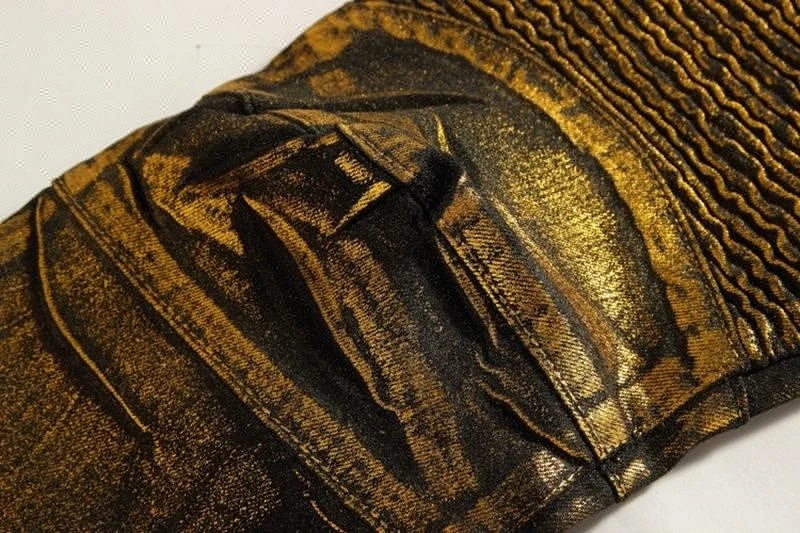 Royal wolf jeans manufacturer new fashion hot stamping metallic foiled golden coated biker denim men pants jeans