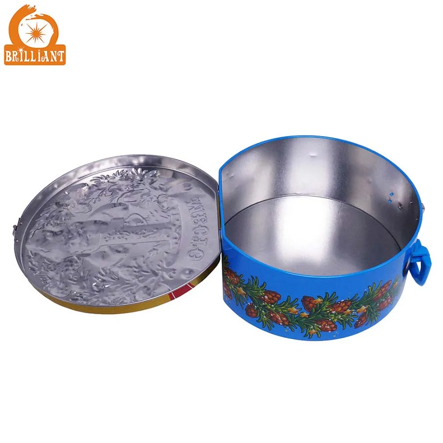 
2018 Hot selling christmas tin box with embossment and handle, custom metal lunch tin can for xmas gift packaging 