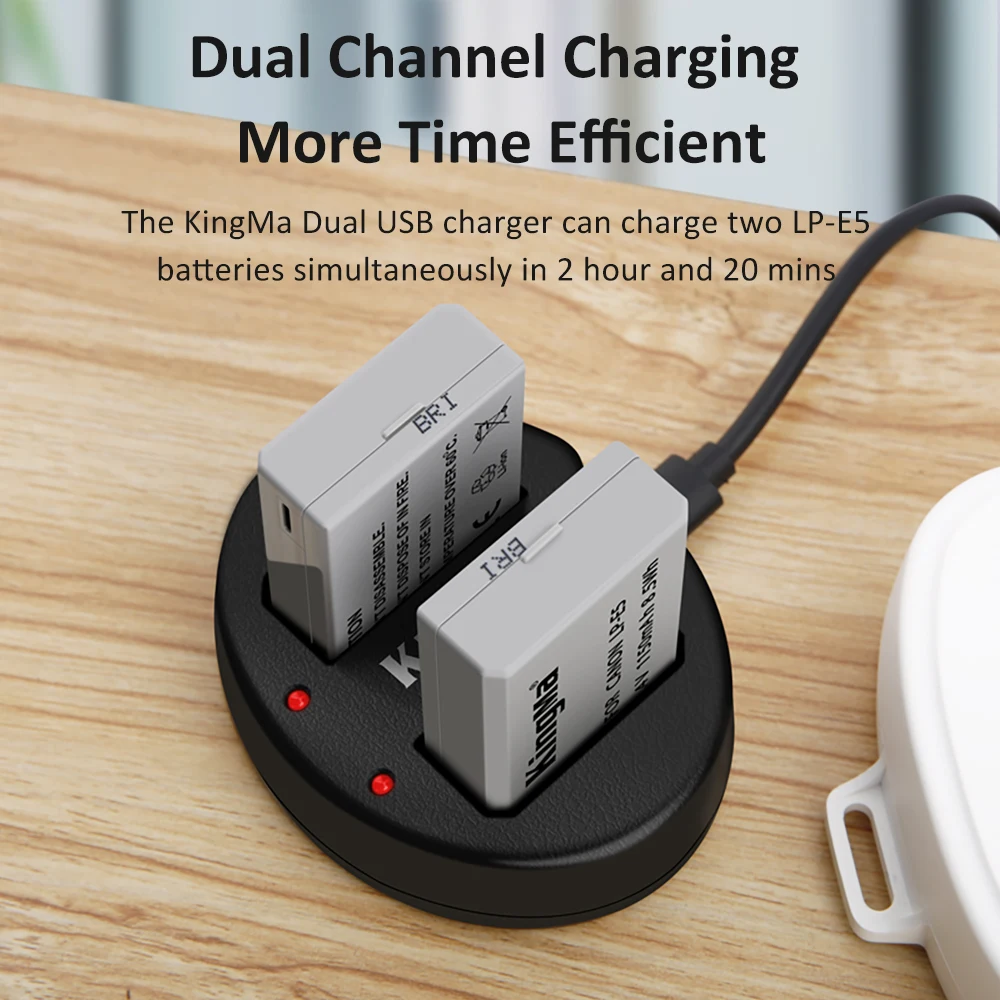 
KingMa 1150mAh LP-E5 Li-ion Battery and Dual Charger for Canon EOS Rebel XS, Rebel T1i, Rebel XSi, 1000D, 500D, 450D 