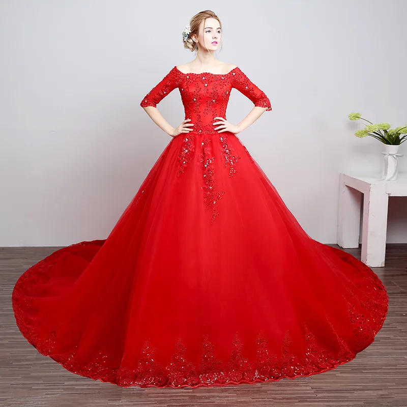 2018 Chinese Red Luxurious Appliques Beading A Line Half Sleeve Wedding Dress Long Train Sweetheart wedding Gowns