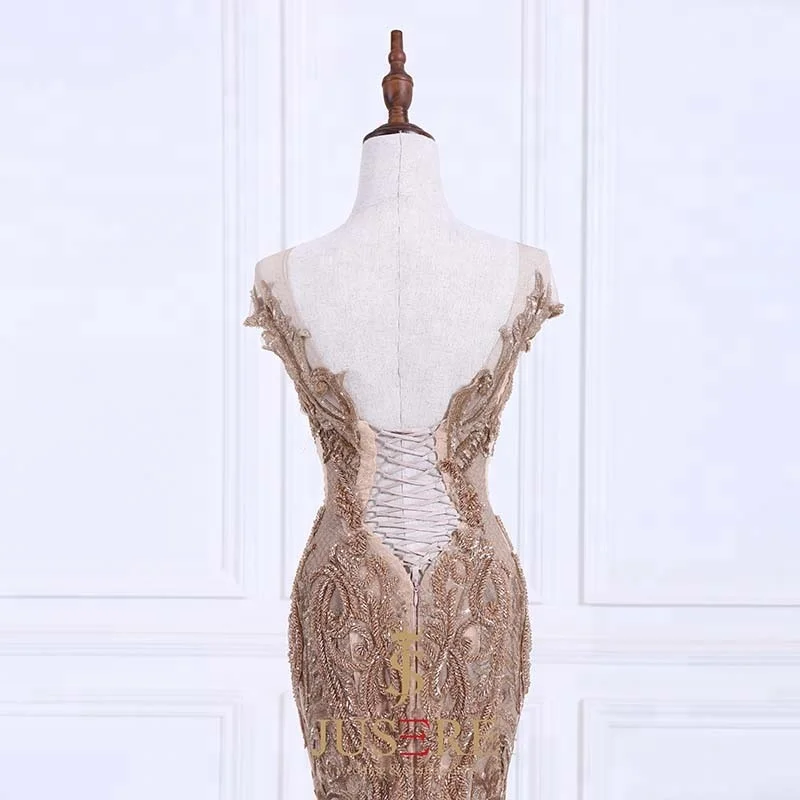 Sexy Mermaid  Gold Luxury Appliqued Beaded Lace Evening Dresses Middle East  In Turkey Dubai Prom Gown