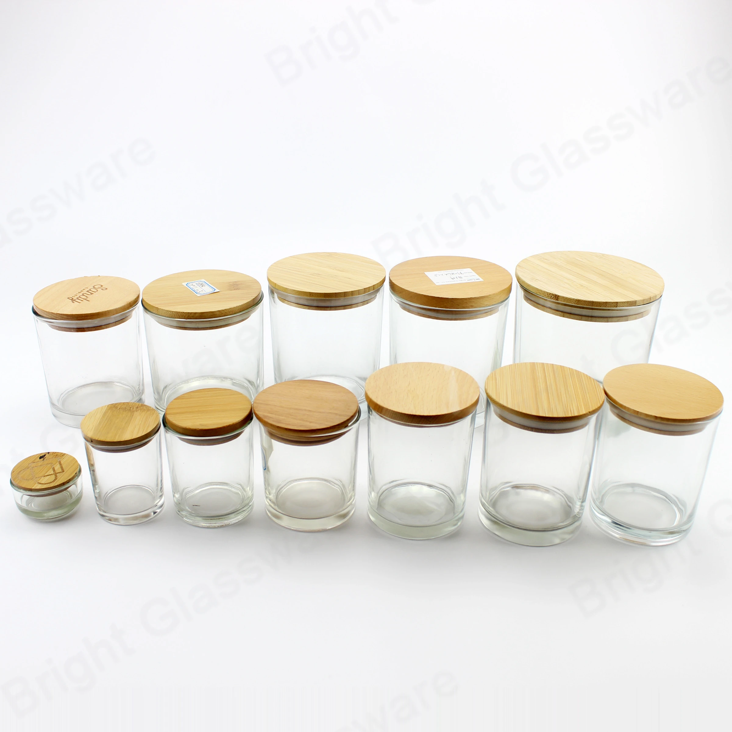 Оптовая продажа пустая Прозрачная Круглая Стеклянная банка для хранения с деревянными крышками