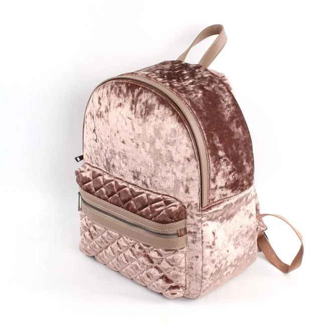 Girl Pink Quilted Velvet Backpack with Mini Cate Quilted Design Mochilas  for Rose Gold Shinny School Bag