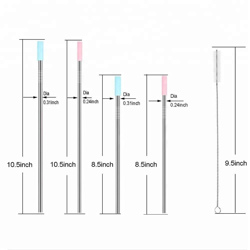 
Wholesale Custom Logo Reusable Stainless Steel 304 Drinking Straws Metal Straw with Silicone Tips & Cleaning Brush 