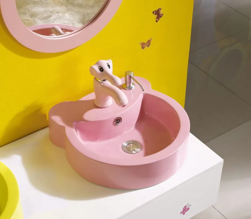specially designed bright color child size bathroom artificial stone basin with mirror