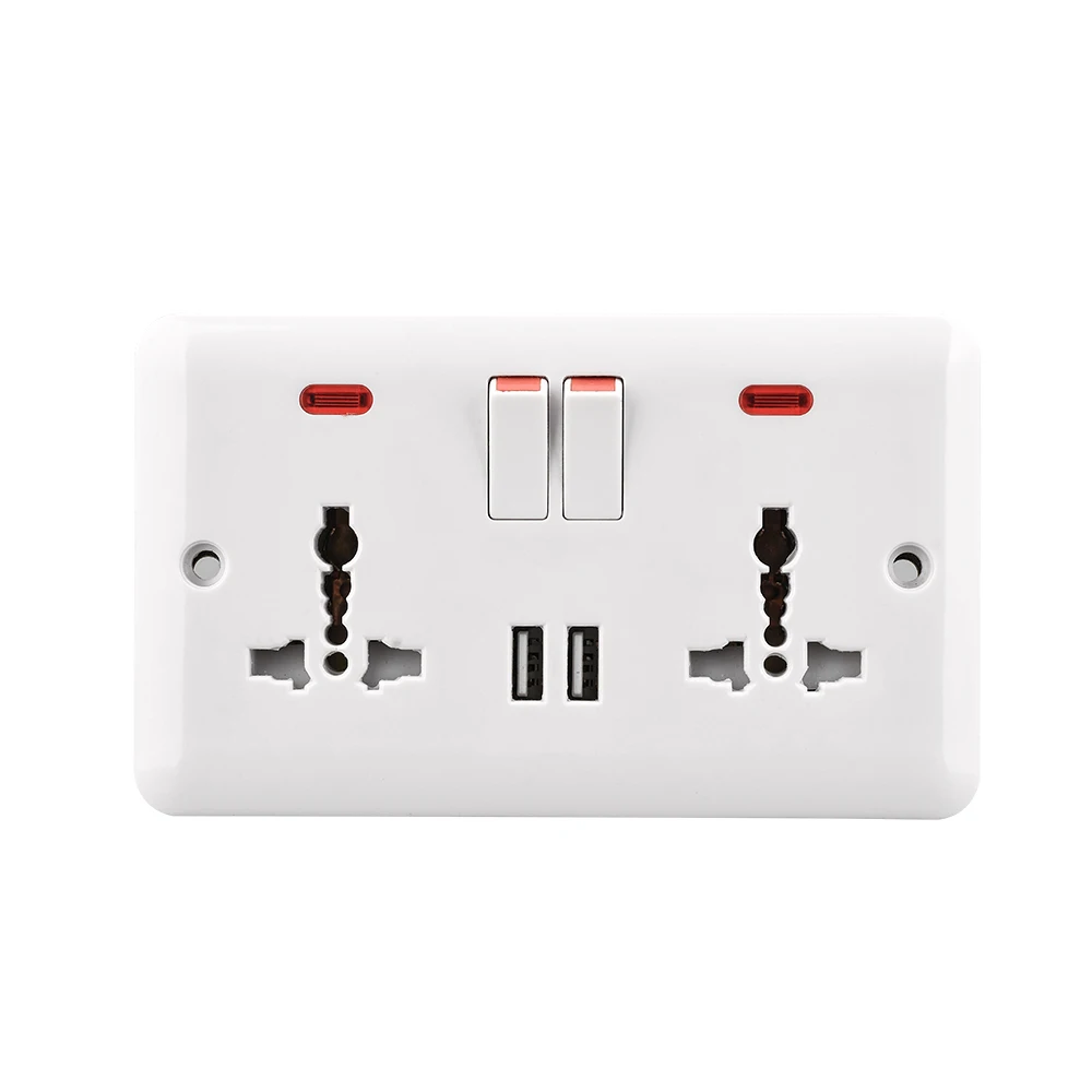 Universal 13A electric double USB port wall switch socket