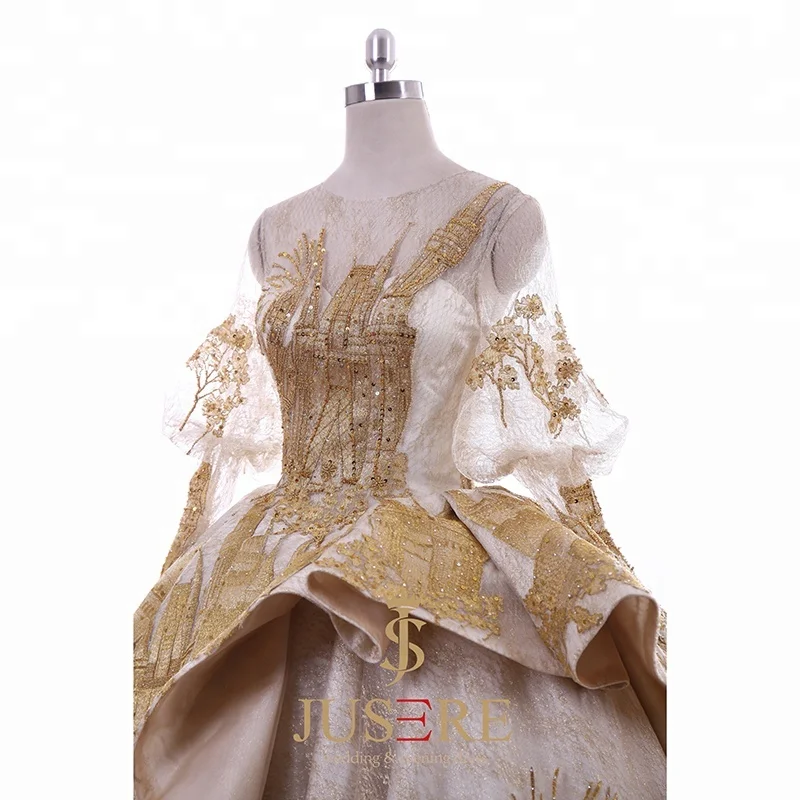Charming Luxury Middle East Muslim Gold Ball Gown Castle Wedding Dresses Bridal Gown With Long Train in Turkey Dubai