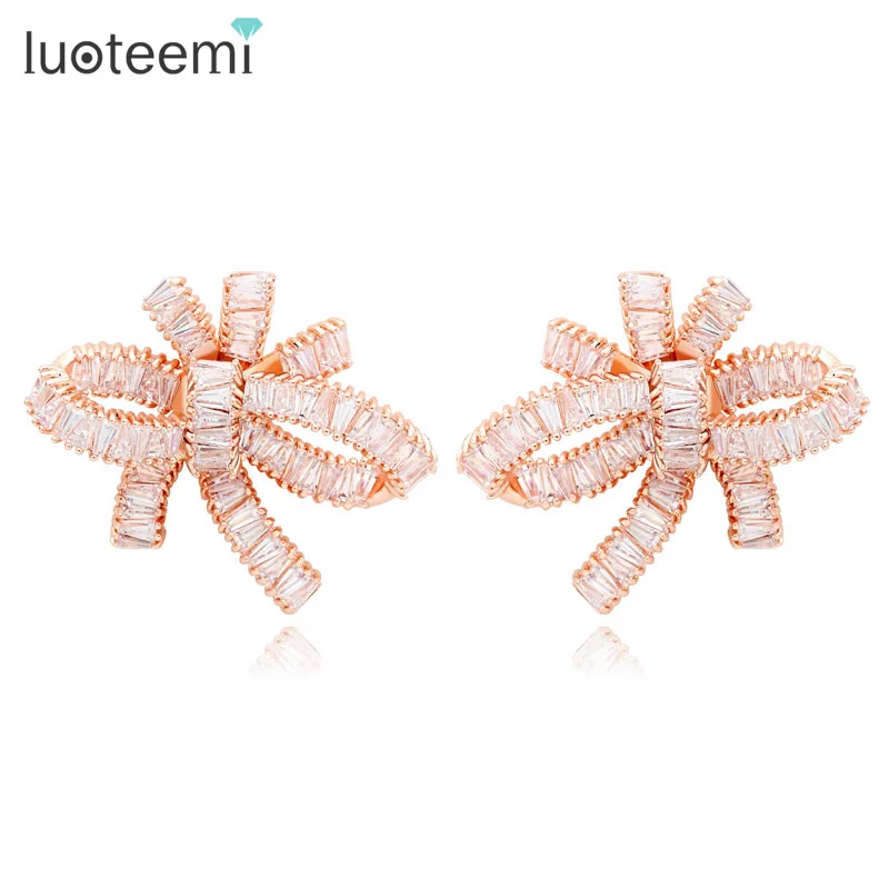 LUOTEEMI Ebay Europe Hot Sale Super Star Design Rose Gold Sparkling Cubic Zirconia Setting Women Wedding Big Bow Stud Earrings