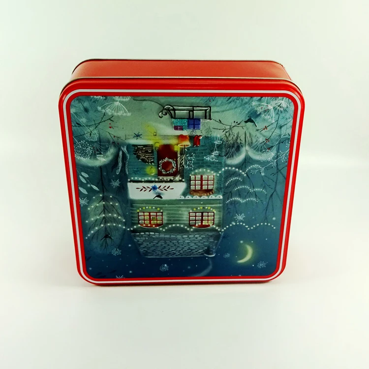 Square Christmas Gift Tin Cake Box Custom Embossed Tin Box OEM Custom Metal Biscuit Can Square Shape Big Metal Tin Container