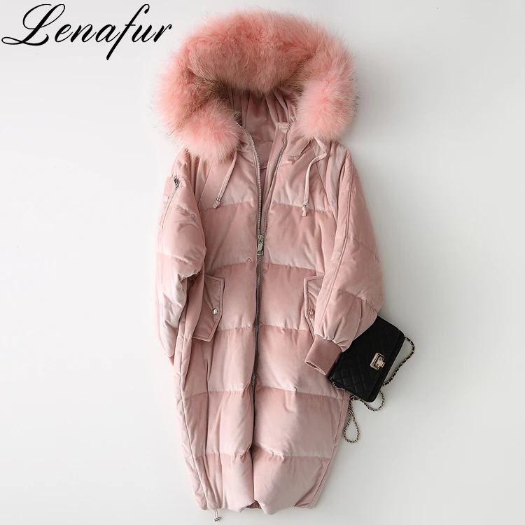 Women Warm Pink Light Blue Oversize Long 90% White Duck Down Feather Padded Fox Fur Collar Down Jackets Coat Overcoat