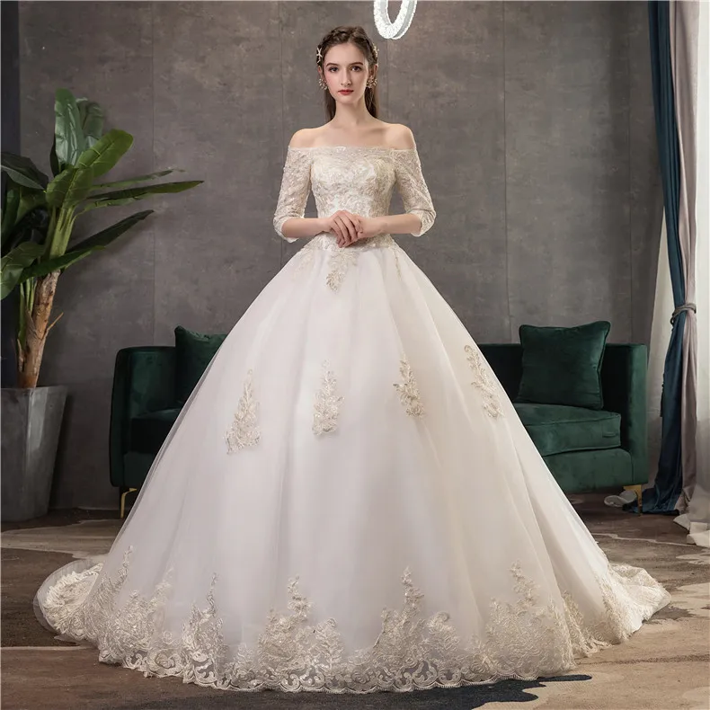 Ebay Hot sale New Fashion Flat-shoulder cropped sleeve lace charming wedding dress bride wedding dress