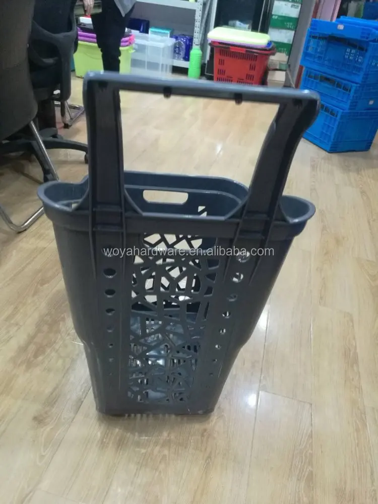 heavy duty supermarket rolling shopping basket with 4 wheels