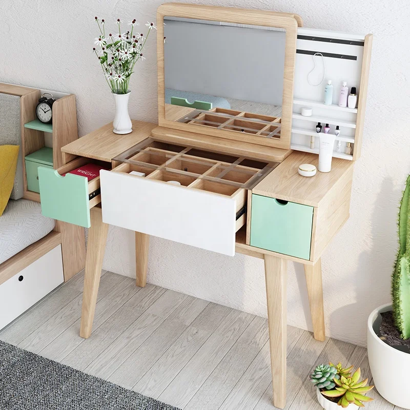 Nordic Style Modern Bedroom Cosmetic Partition Storage Design Flip Mirror Wood Dresser Furniture