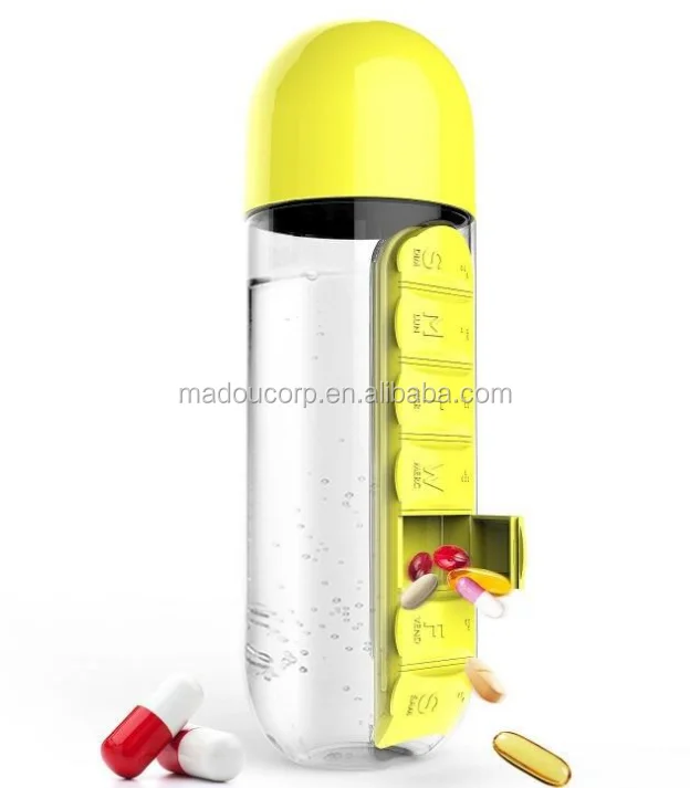 Madou Portable Water Bottle With Weekly Pill Organizer 600ml Pills Organizer Pill Box With 7 Day Weekly Water Bottle For Travel