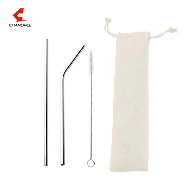 Carry bag packing 3 pcs stainless steel drinking straw metal boba straws with cleaning brush