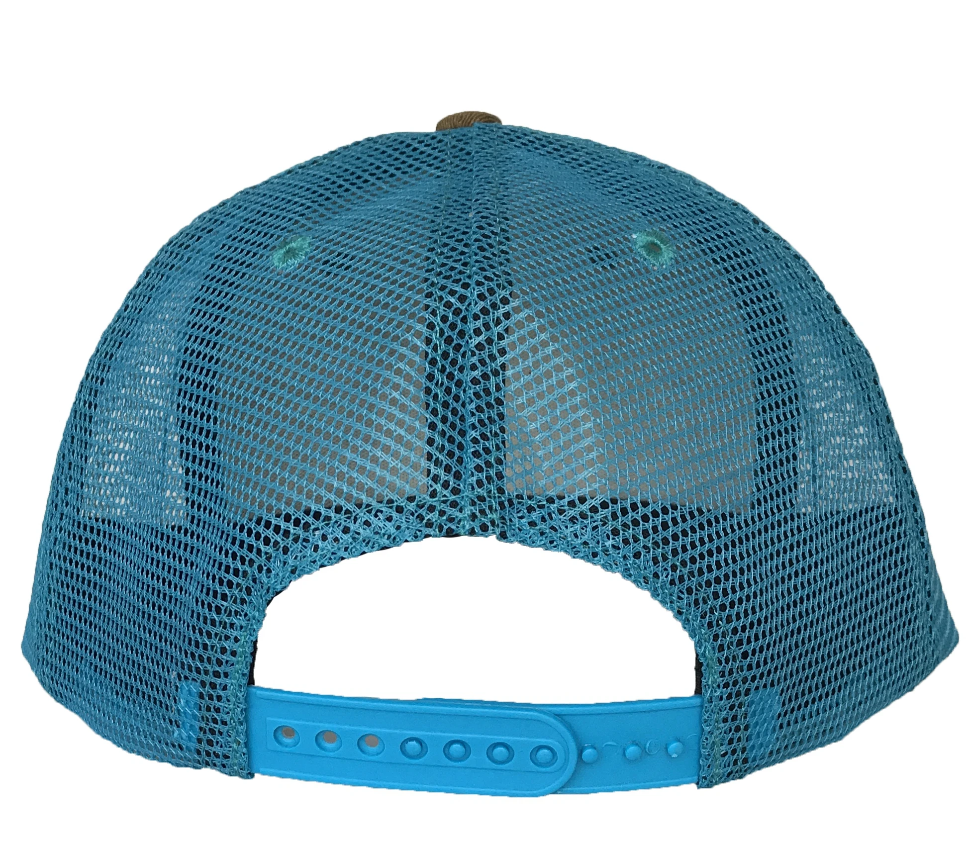 Light blue flat brim 6 panel trucker hat, Flat embroidery logo snapback style trucker cap, custom mesh snapback hat