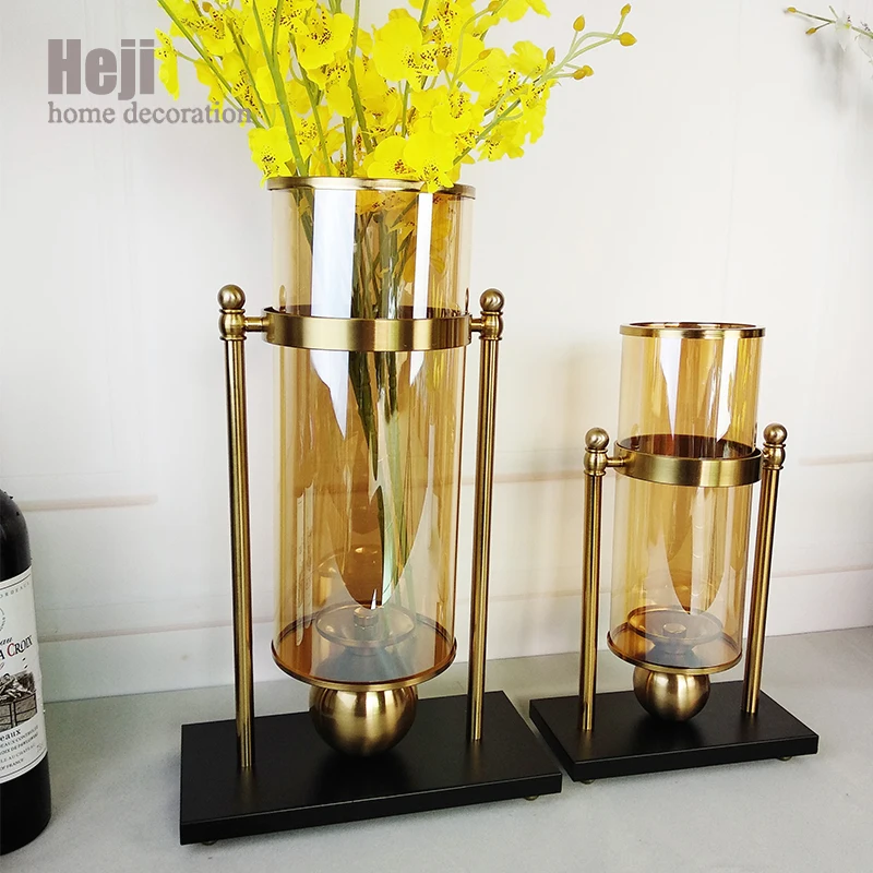 Large Modern Nordic Artistic Tall Trumpet Wedding Centerpiece Cylinder Glass Metal Flower Decoration Gold Vases For Home Decor
