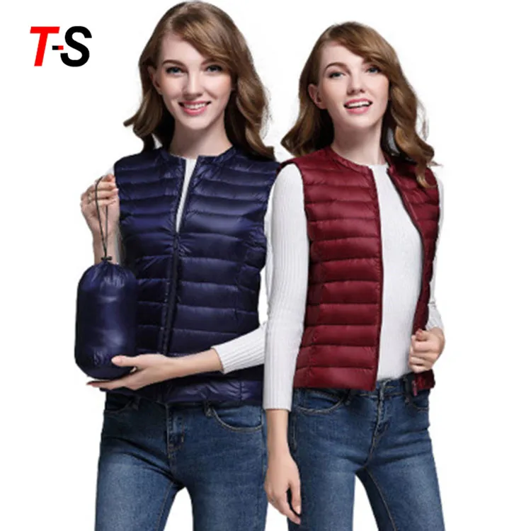 Custom waterproof stand collar short light down packable vest jacket for women