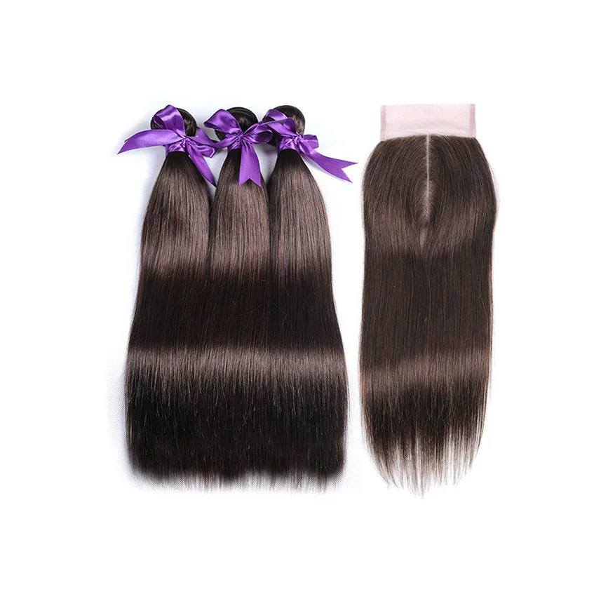 
Human hair weave color #4 dark brown straight bundles with closure ,Brazilian virgin colored human hair extension 
