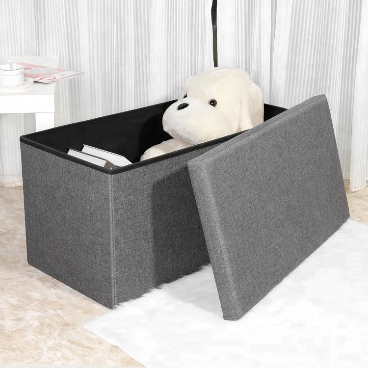 Linen fabric cover folding storage ottoman bench with tray