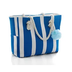 Large Canvas Shoulder Bag Beach Tote with Cotton Rope Handles and Cute Pompom