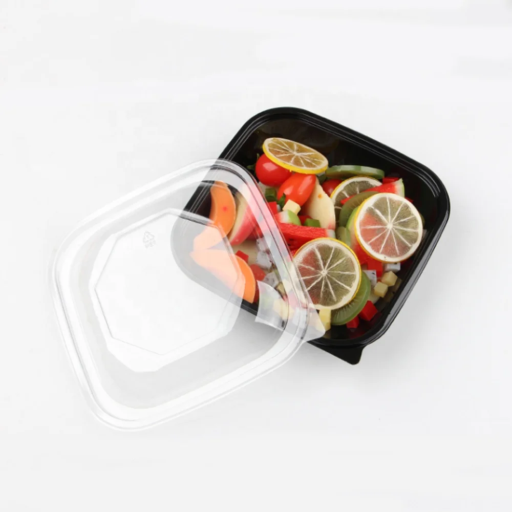 Индивидуальная сухая пластиковая упаковка RPET/PET одноразовая упаковка для салата 750 г квадратная черная коробка для фруктов