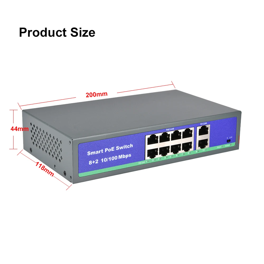 
CCTV Standard 48V POE switch 8CH 8+2 Port 15.4W/30W IEEE 802.3af/IEEE 802.3at 2 uplink Port 120W For Security POE IP Camera 250M 