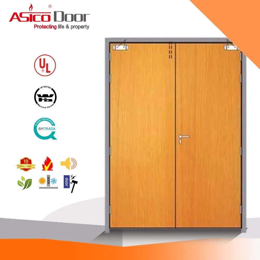 ASICO Double Leaf UL Listed Fire Rated Main Gate Entrance Wooden Door For Lobby fire door