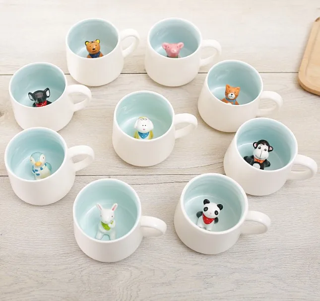 creative design Hidden 3D animals ceramic coffee mug with spoon and lid