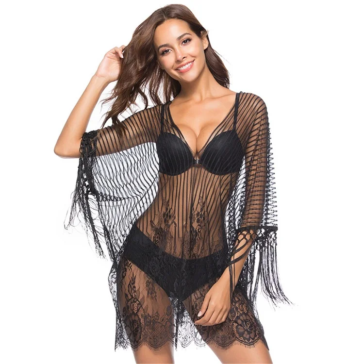 
Transparent Lace Small Tunic Black Perspective Crochet Lace Sexy V-neck Open Beach Dresses 
