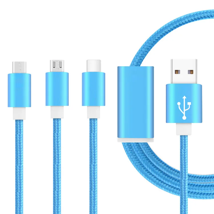OEM Service 2 meter 5V 2A Android usb cable Nylon braided 3 in 1 USB Mobile Phone Charging Cable