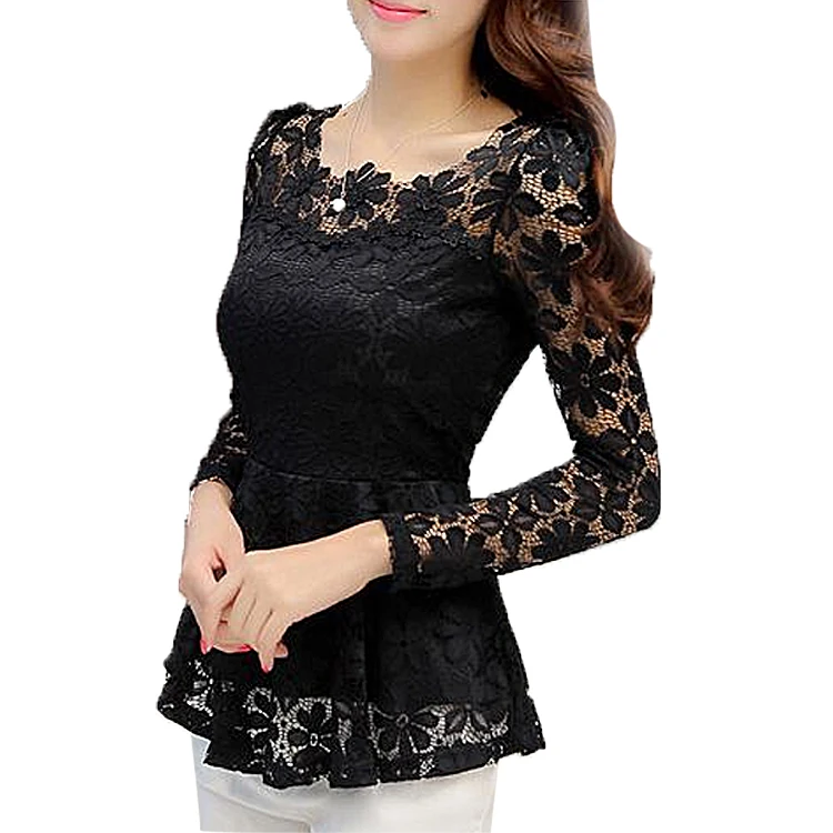 Fashion Woman Flounce Peplum Hollow Out Floral Lace Blouses