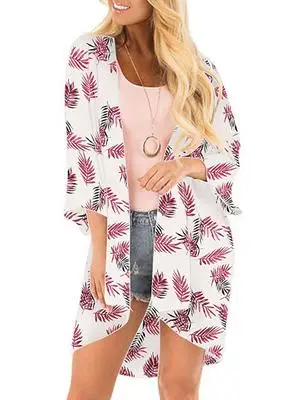 
Women Casual Floral Print Kimono Shawl Sheer Chiffon Loose Cardigan 