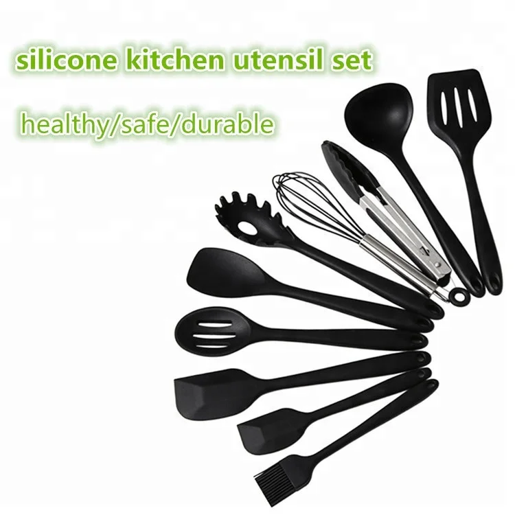 wholesale food grade silicone kitchen utensil set with box accept logo 10 piece black red silicone kitchen utensil