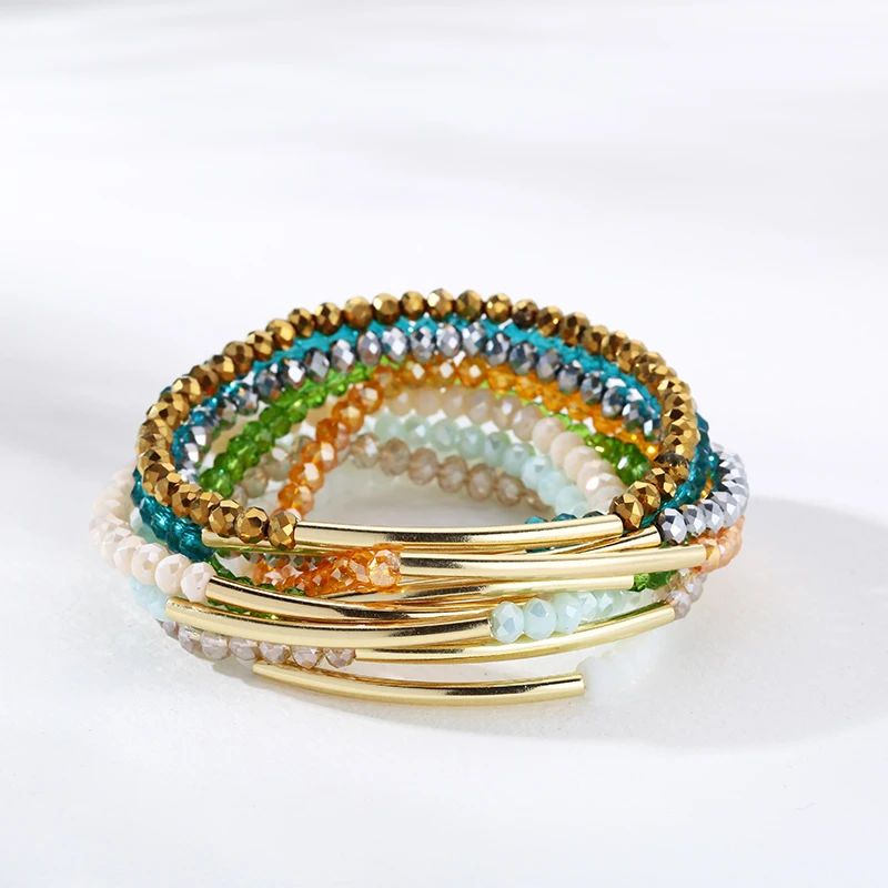 Fashion 4mm Crystal Bead Seed Bead Copper Tube Stretch Bracelet For Women