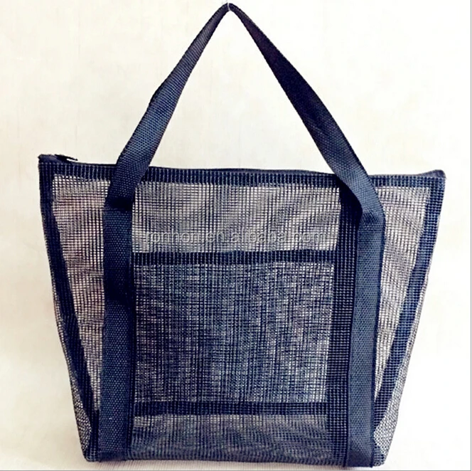 Fashionable PVC Mesh Outdoor Tote Bag With Woven Web Handle Black Mesh Handbags Daily Use In Small Size