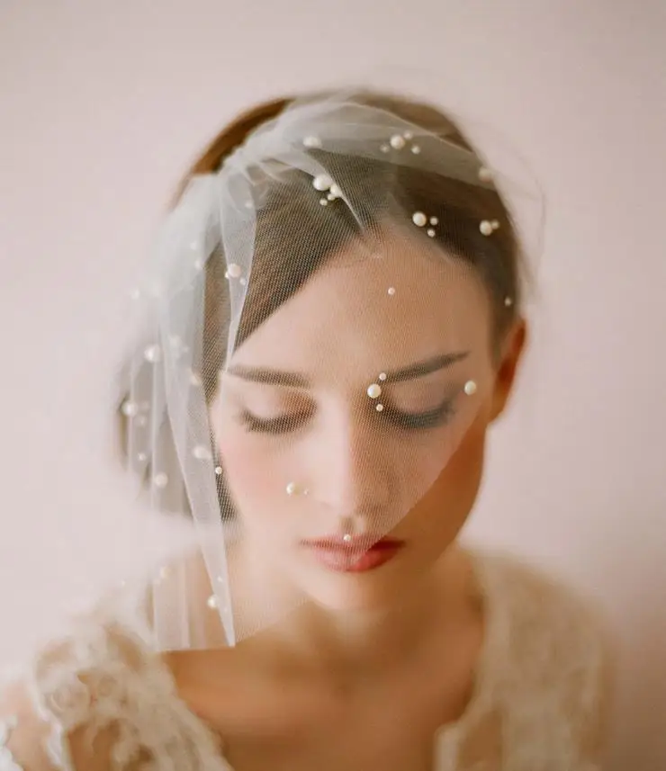 
Half pearl bride cover veil custom wholesale soft net wedding short veil brigade wedding dress veil accessories 