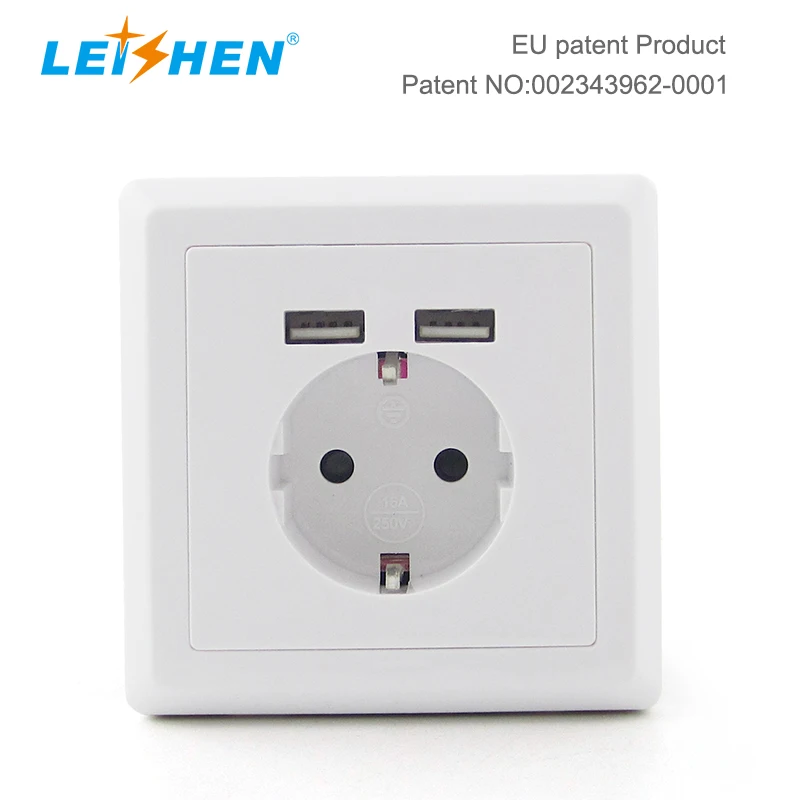 LEISHEN 16A Cheaper Price 86*86mm Electric Plug Dual USBA Schuko Wall Mount Socket For Germany France Italy Market