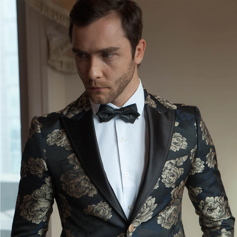 Мужской элегантный жаккардовый костюм из 2 предметов, облегающий смокинг