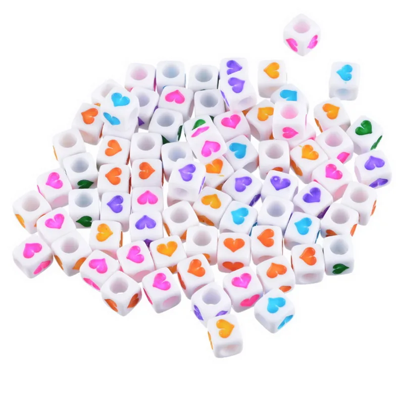 6x6mm Cube White Acrylic Heart Letter Beads