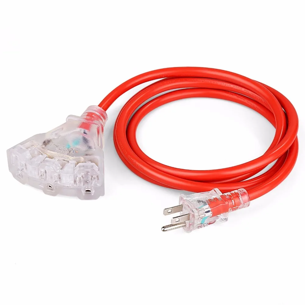 25ft 14/3 Extension Cord Lighted Indoor Outdoor Power Cord Triple Outlets
