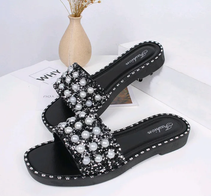 New fashion slipper flat PU footwear design woman pearl beach sandals