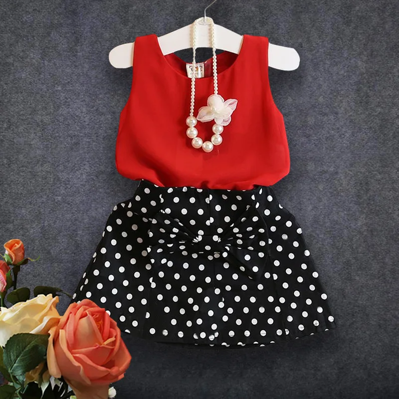 2016 Baby Girl Clothing Sets Fashion Summer Toddler Kids Clothes Vest Dot Print Skirt Children Suit